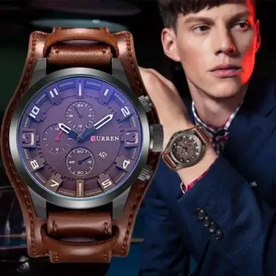 Montre homme CURREN avec bracelet en cuir marron et cadran multifonction noir, parfaite pour un style vintage et sophistiqué.