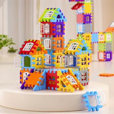 Blocs de construction colorés en forme de puzzle, idéaux pour stimuler la motricité fine et la créativité des jeunes enfants.