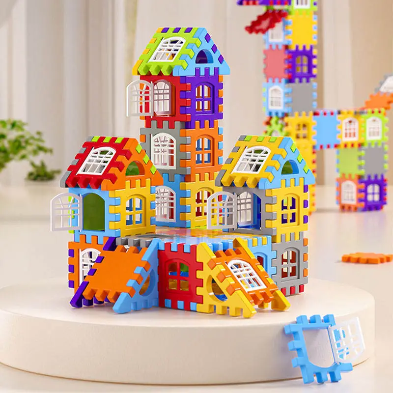 Blocs de construction colorés en forme de puzzle, idéaux pour stimuler la motricité fine et la créativité des jeunes enfants.