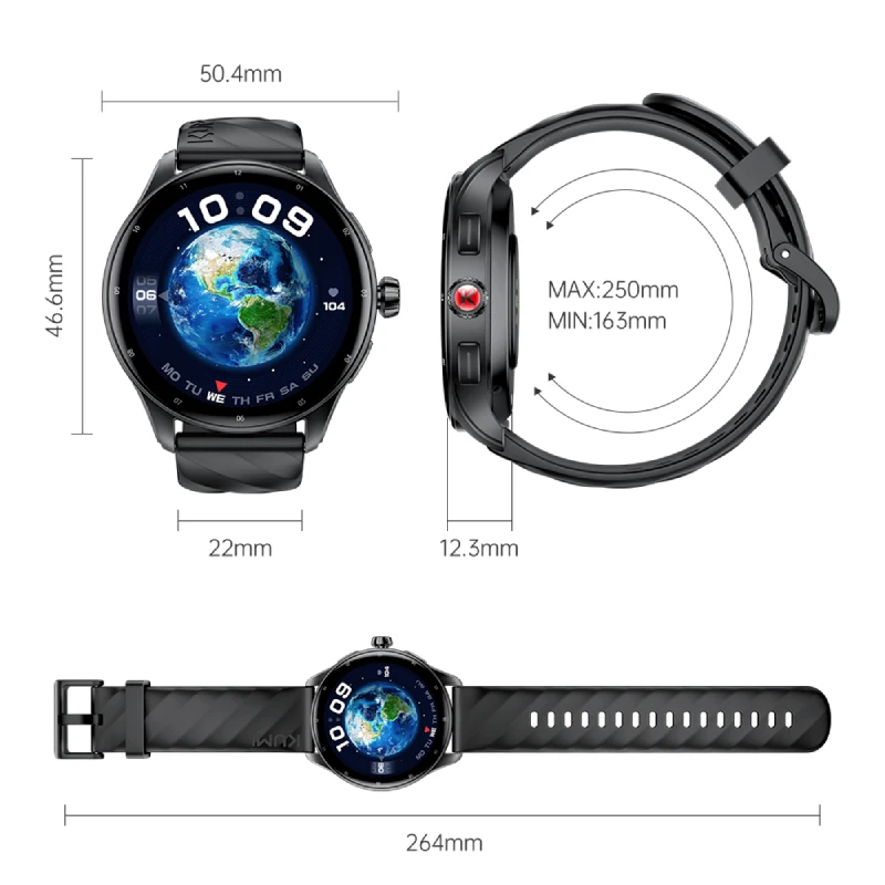 Dimensions précises de la montre GW5 Pro : boîtier de 50,4 mm, épaisseur de 12,3 mm, bracelet ajustable de 163 à 250 mm — adaptée à tous les poignets