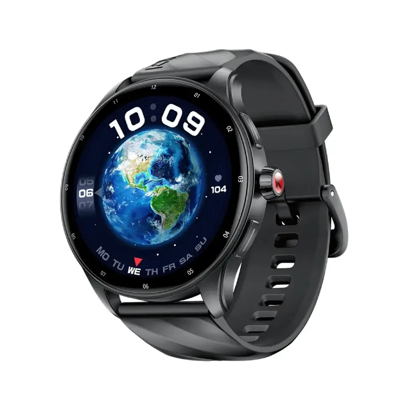 Montre connectée GW5 Pro avec écran rond affichant une carte du monde, design moderne et interface intuitive pour un usage quotidien