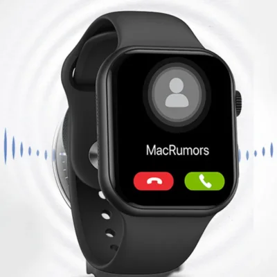 Montre connectée USAMS carrée affichant un appel entrant avec boutons rouge (refuser) et vert (accepter), idéale pour gérer vos communications sans sortir votre téléphone
