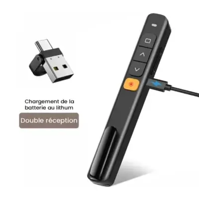 Pointeur laser de présentation avec double connectivité USB et Type-C, idéal pour recharger facilement sur tous vos appareils modernes.