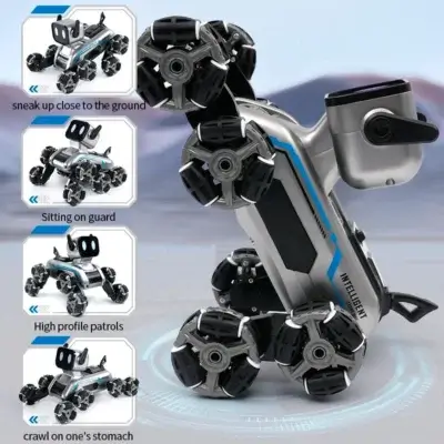 Robot chien en mode "animal", debout sur ses pattes motorisées, imitant les mouvements d’un vrai chiot avec sons et lumières.