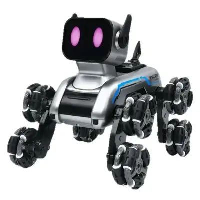 Robot chien transformable en voiture télécommandée, équipé de 8 roues tout-terrain pour un jeu dynamique à l’intérieur comme à l’extérieur.