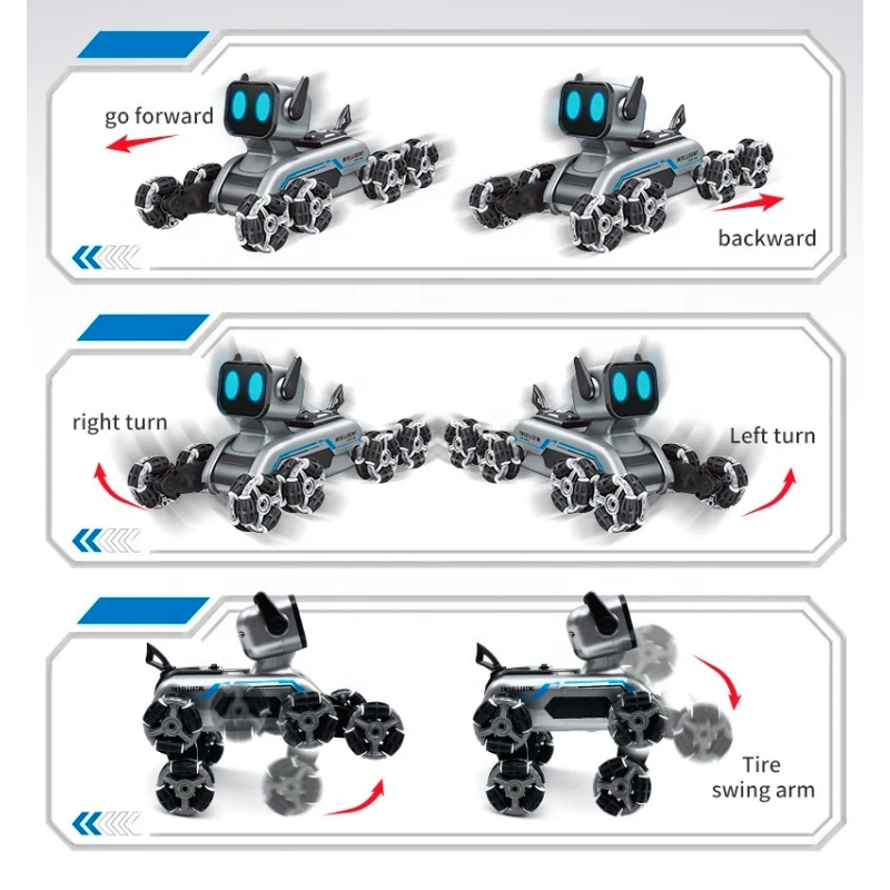 Transformation du robot en voiture de course avec 8 roues motrices, idéale pour rouler vite sur sols irréguliers ou pentes légères.