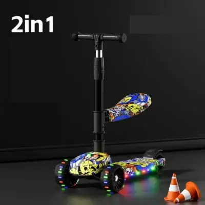 Trottinette 2 en 1 aux motifs comics et super-héros, avec roues lumineuses et siège amovible — parfaite pour les petits aventuriers.