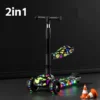 Trottinette 2 en 1 pour enfants avec motif graffiti coloré fluorescent et roues LED clignotantes — idéale pour un style urbain et fun.
