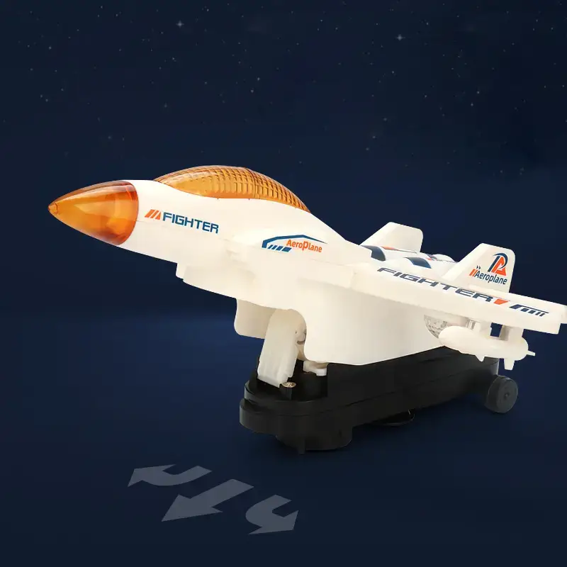 Avion de chasse blanc avec ailes rétractables et moteurs lumineux, inspiré du design militaire futuriste — parfait pour stimuler l’imagination des enfants.