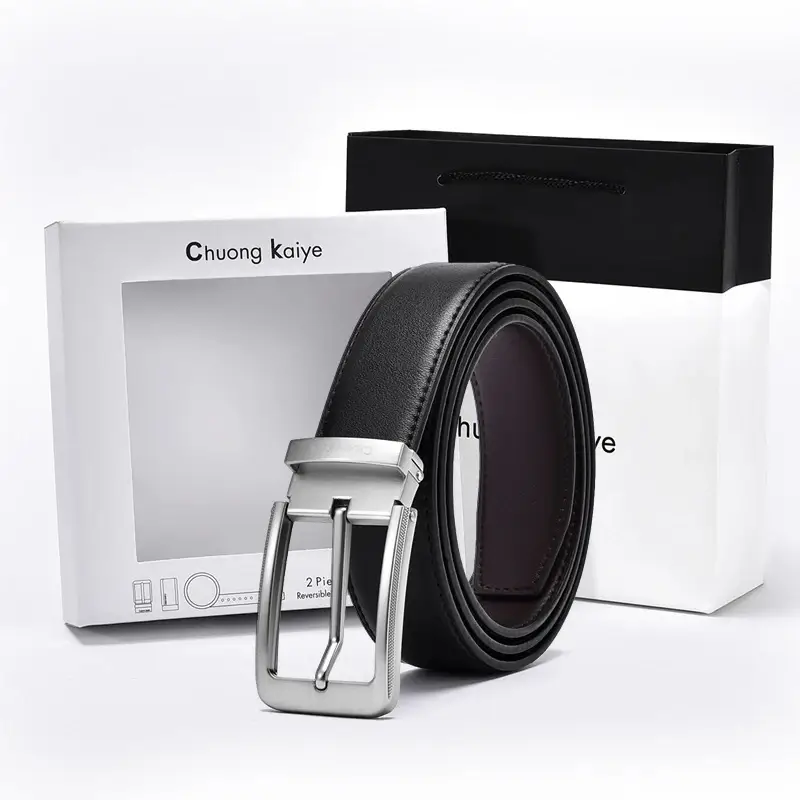 Ceinture en cuir véritable pour homme, noire et marron réversible, présentée dans une élégante boîte cadeau — idéale pour un cadeau raffiné.
