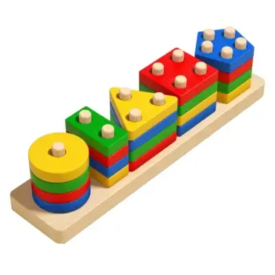 Jeu de blocs géométriques éducatifs en bois coloré, avec base en bois et tiges à enfiler — idéal pour apprendre formes, couleurs et motricité fine dès 18 mois.