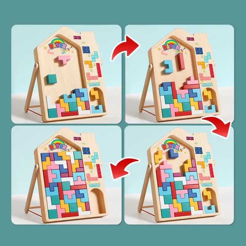 Progression du jeu Tetris en bois : enfant assemblant les pièces étape par étape — jeu éducatif qui stimule la patience, la concentration et la résolution de problèmes.