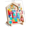 Puzzle Tetris Montessori en bois, base en forme de maison (22,5 cm x 19,5 cm), avec pièces colorées géométriques — jeu éducatif idéal pour développer logique spatiale et motricité fine dès 3 ans.