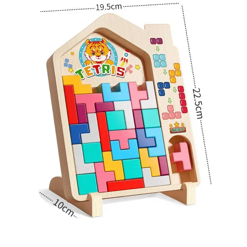 Puzzle Tetris Montessori en bois, base en forme de maison (22,5 cm x 19,5 cm), avec pièces colorées géométriques — jeu éducatif idéal pour développer logique spatiale et motricité fine dès 3 ans.