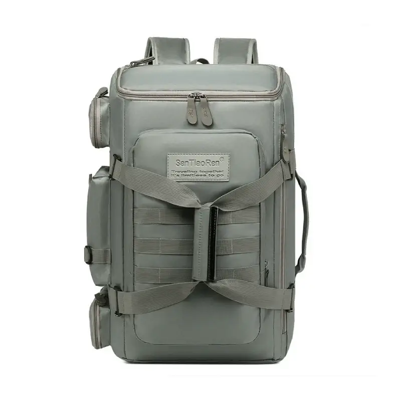 Sac de voyage gris en tissu résistant, doté de multiples poches extérieures et intérieures, idéal pour organiser vos affaires lors de déplacements courts ou longs.