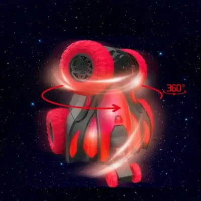Petite voiture cascadeur rouge avec roues lumineuses et musique intégrée, capable de faire des rotations verticales à 360° pour un spectacle captivant.