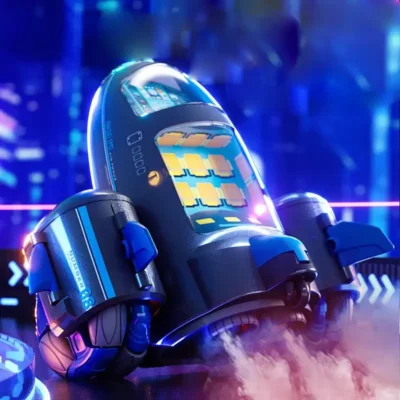 Voiture jouet fusée avion en mode décollage, avec effets de fumée et lumières bleues, inspirée du design futuriste pour un jeu immersif.