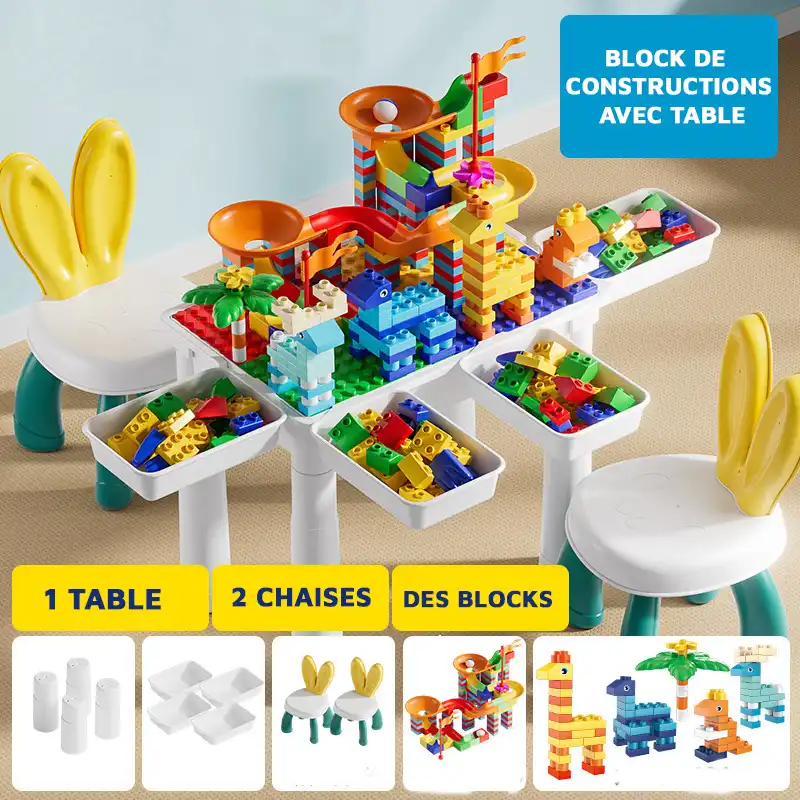 Ensemble complet de jeu : 1 table, 2 chaises lapin et blocs de construction — espace ludique et éducatif pour stimuler créativité et motricité fine chez les enfants de 3 à 8 ans.