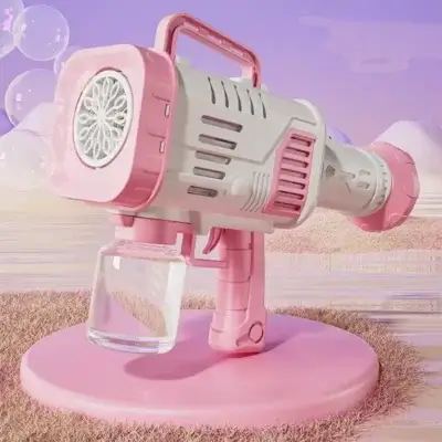Pistolet à bulles rose pastel avec design futuriste et doux — parfait pour les petites filles qui aiment les couleurs tendres et les jeux de bulles captivants.