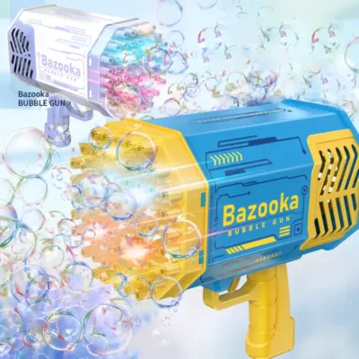 Pistolets à bulles Bazooka en action — crachant des centaines de bulles colorées grâce à leurs 69 trous, alimentés par batterie rechargeable — jeu captivant pour enfants dès 5 ans.