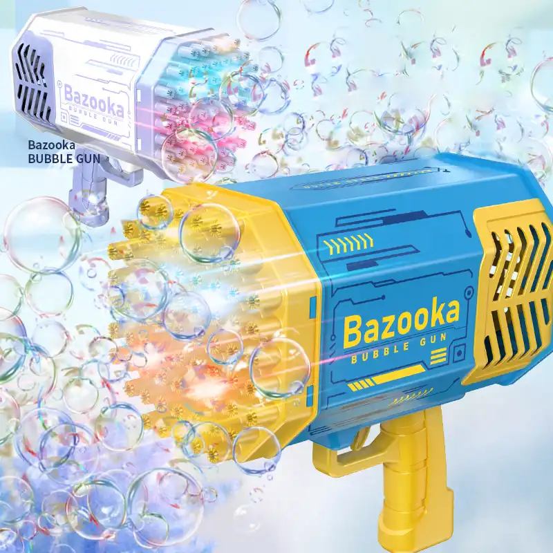 Pistolets à bulles Bazooka en action — crachant des centaines de bulles colorées grâce à leurs 69 trous, alimentés par batterie rechargeable — jeu captivant pour enfants dès 5 ans.