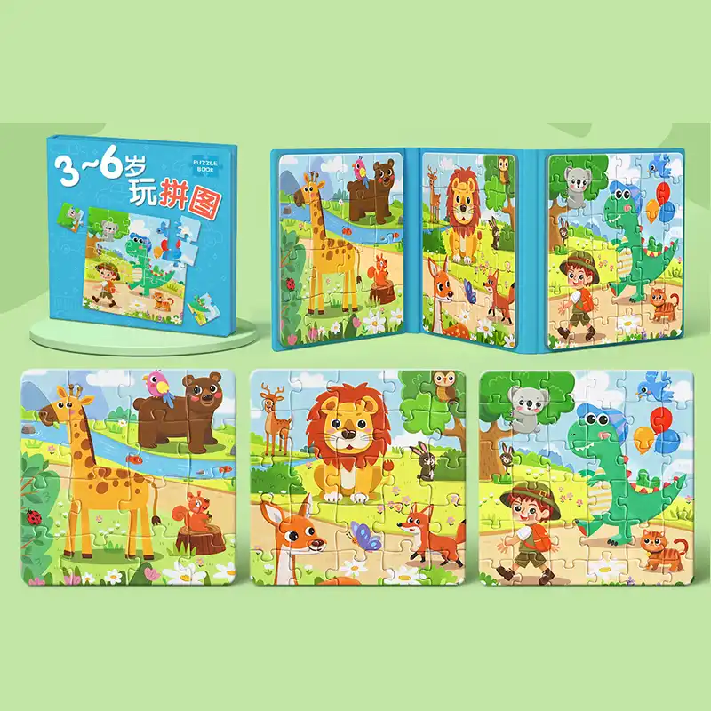 Livre-puzzle magnétique bleu avec 3 scènes : girafe, lion et dinosaure — jeu interactif qui introduit les animaux de la savane et du monde préhistorique aux enfants de 3 à 6 ans.