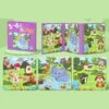 Livre-puzzle magnétique violet avec 3 scènes d’animaux mignons : lapin, éléphant et chien — idéal pour stimuler la reconnaissance des formes et l’imagination dès 3 ans.