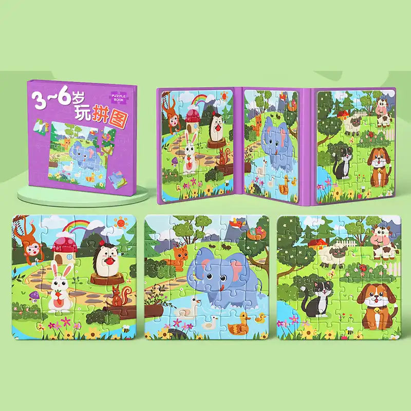 Livre-puzzle magnétique violet avec 3 scènes d’animaux mignons : lapin, éléphant et chien — idéal pour stimuler la reconnaissance des formes et l’imagination dès 3 ans.