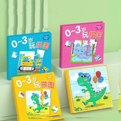 Livre-puzzle magnétique 3 en 1 pour enfants 0-3 ans — chaque livre contient 3 scènes amovibles (véhicules, animaux, dinosaures) pour un jeu éducatif et ludique.