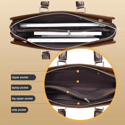 Intérieur du sac business antivol pour homme, avec poches zippées, compartiment pour ordinateur portable et espace de rangement — conçu pour protéger vos affaires en toute sécurité.