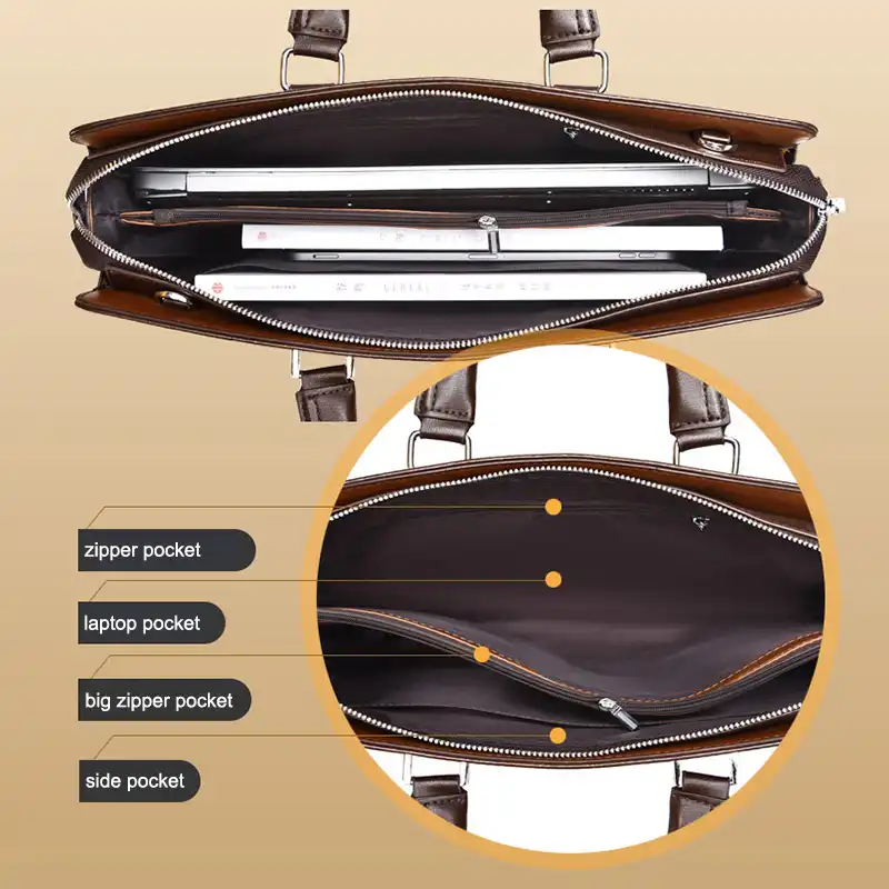 Intérieur du sac business antivol pour homme, avec poches zippées, compartiment pour ordinateur portable et espace de rangement — conçu pour protéger vos affaires en toute sécurité.