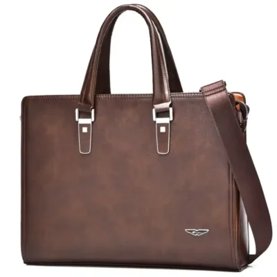 Sac business antivol pour homme en cuir synthétique marron, avec poignées solides et bandoulière amovible — idéal pour un look professionnel et sécurisé.
