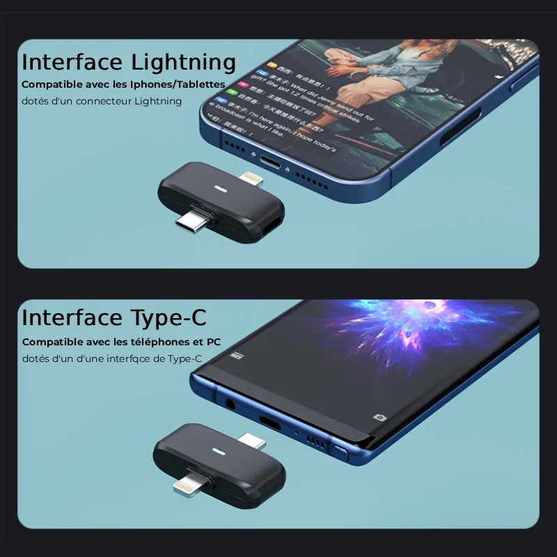 Émetteur K31 PRO avec connecteur Lightning et Type-C — compatible avec iPhone, iPad, Android et PC, parfait pour les créateurs de contenu qui veulent un son clair sans câble.