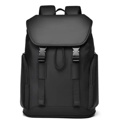 Sac à dos transfrontalier noir, vue frontale — finition mate, sangles robustes et poches latérales zippées, conçu pour une utilisation quotidienne ou lors de déplacements.