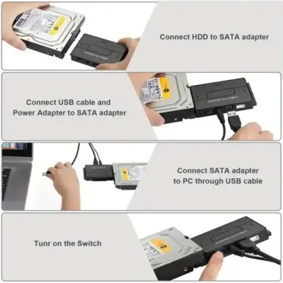 Guide visuel en 4 étapes pour utiliser l’adaptateur USB 3.0 vers SATA/IDE : 1) brancher le disque dur, 2) connecter l’alimentation, 3) relier au PC via USB, 4) activer le commutateur — sans outil, sans driver.