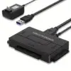 Kit complet adaptateur USB 3.0 vers SATA/IDE : boîtier noir, câble USB 3.0 bleu, bloc d’alimentation 12V 2A — solution plug-and-play pour connecter disques durs externes à un PC.