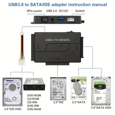 Schéma technique de l’adaptateur USB 3.0 vers SATA/IDE : ports 4PIN/44PIN (IDE), 2.5"/3.5" SATA, entrée USB 3.0, alimentation 12V et commutateur marche/arrêt — compatible avec HDD, SSD, DVD-RW.