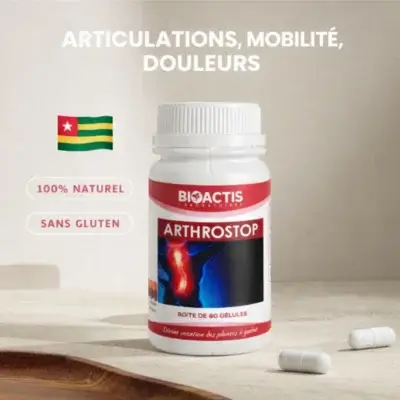 Arthrostop Bioactis — complément 100 % naturel, sans gluten, fabriqué avec des plantes à guérir. Drapeau du Togo indiquant l’origine des ingrédients traditionnels africains.