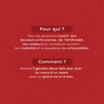 Fiche d’information Arthrostop : indiqué pour les personnes souffrant de douleurs articulaires, arthrose ou raideurs ; posologie recommandée : 3 gélules deux fois par jour avec un grand verre d’eau.