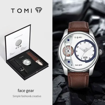 Coffret montre d’affaires pour homme TOMI, incluant une montre avec cadran « face gear » et deux bracelets interchangeables (cuir marron et noir) — design simple, créatif et professionnel.
