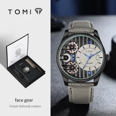 Ensemble montre TOMI pour homme, modèle « face gear » avec cadran créatif à engrenages visibles, bracelet en cuir texturé gris et boîte cadeau élégante — design simple, moderne et raffiné.