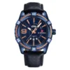 Montre-Bracelet Naviforce 9117 pour homme, cadran bleu profond avec index orange, bracelet en cuir noir et boîtier acier — étanche à 30 m, idéale pour le quotidien ou les activités légères.
