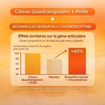 Infographie Mouvalez : étude comparative clinique montrant une amélioration de la gêne articulaire +60 % avec la formule Boswellia serrata + Chondroïtine vs placebo (source : Siriwattananon et al., Evid Based Complement Alternat Med, 2020).