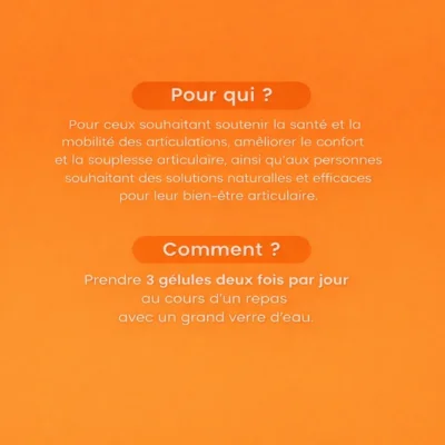Fiche d’information Mouvalez : indiqué pour les personnes souhaitant soutenir la santé et la mobilité articulaire, améliorer le confort et la souplesse — posologie : 3 gélules deux fois par jour au cours d’un repas, avec un grand verre d’eau.