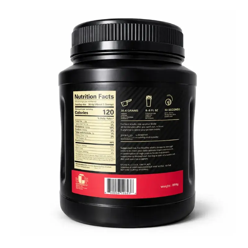 Étiquette arrière du whey protein Diamond Standard : informations nutritionnelles (120 kcal/scoop, 24g protéines), dosage (30,4 g), et instructions d’utilisation — format 899 g, 29 portions.