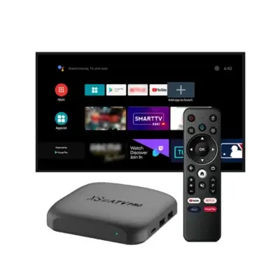 XS97 ATV PRO Android TV Box 4K avec boîte d’emballage, lecteur noir et télécommande, affiché devant un écran TV en mode Smart TV — idéal pour transformer votre téléviseur en smart TV puissante.