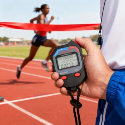 Chronomètre sport numérique AnyTime D309 utilisé par un juge lors d’une course d’athlétisme — écran LCD affichant les temps, boutons rouges « START/STOP » et « SPLIT/LAP », avec lanière noire. Parfait pour le timing précis en compétition ou entraînement.