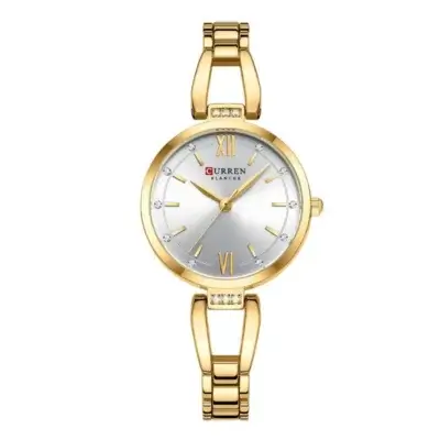 Montre femme Curren 9092, cadran argenté avec chiffres romains dorés, index strassés, lunette et bracelet en acier doré — design classique et raffiné pour un look féminin sophistiqué.