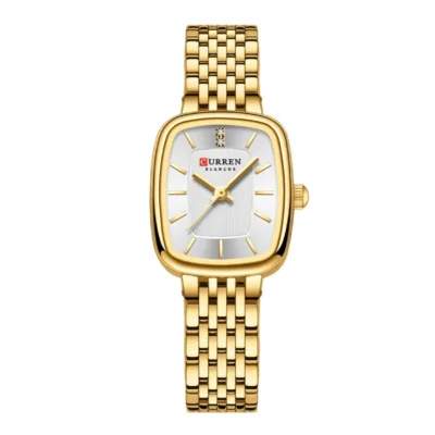 Montre Curren Blanche 9093 pour femme : boîtier carré élégant, cadran argenté texturé, logo « CURREN BLANCHE », aiguilles dorées et strass discret — design moderne et intemporel.