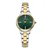 Montre Curren Blanche 9094 pour femme : cadran vert profond, lunette dorée, aiguilles dorées et strass aux positions 3, 6, 9 et 12 — design sophistiqué et moderne.